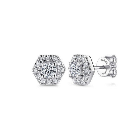 14K White Gold Round Diamond Hexagonal Halo Stud Earrings
