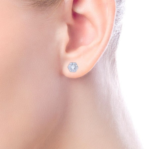 14K White Gold Round Diamond Hexagonal Halo Stud Earrings