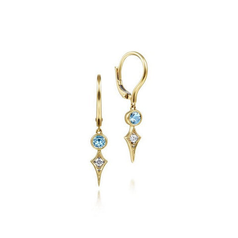14K Yellow Gold Blue Topaz and Spiked Diamond Kite Drop Earrings