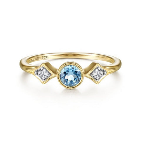 14K Yellow Gold Round Blue Topaz and Diamond Three Stone Ring