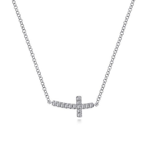 14K White Gold Sideways Curved Diamond Cross Necklace