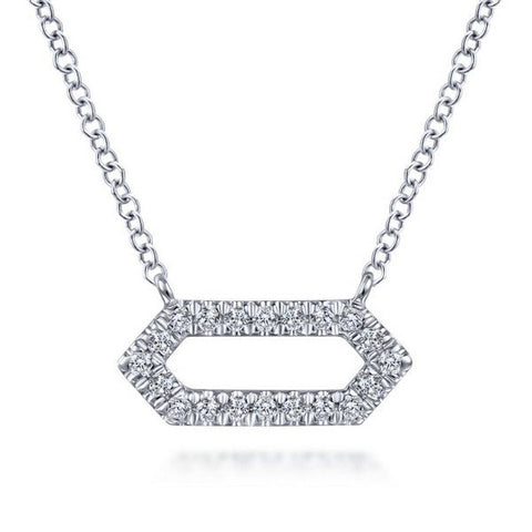 14K White Gold Elongated Hexagonal Diamond Pendant Necklace