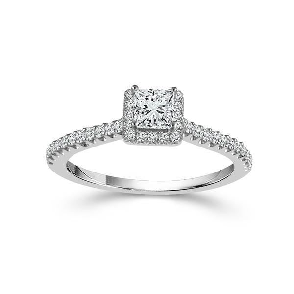 14 Karat Halo Engagement Ring Size 7 With One 0.25Ct Princess Diamond And 0.25Tw Round Diamonds
