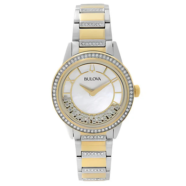 LADIES' BULOVA TURNSTYLE CRYSTAL ACCENT TWO-TONE WATCH WITH MOTHER-OF-PEARL DIAL