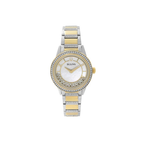LADIES' BULOVA TURNSTYLE CRYSTAL ACCENT TWO-TONE WATCH WITH MOTHER-OF-PEARL DIAL