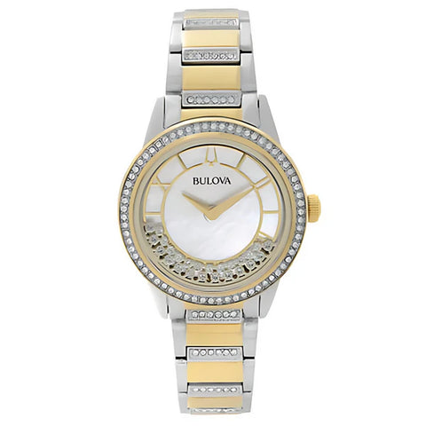 LADIES' BULOVA TURNSTYLE CRYSTAL ACCENT TWO-TONE WATCH WITH MOTHER-OF-PEARL DIAL