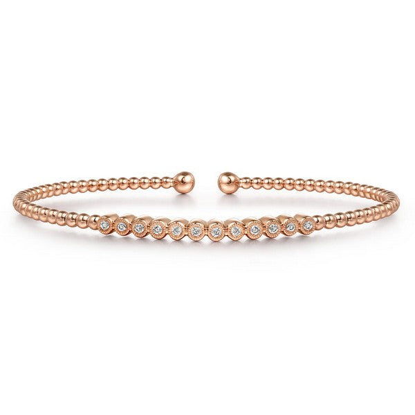 14K Rose Gold Bujukan Bead Cuff Bracelet with Bezel Set Diamond Stations