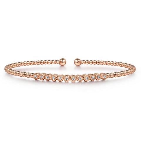 14K Rose Gold Bujukan Bead Cuff Bracelet with Bezel Set Diamond Stations
