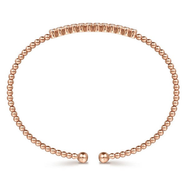 14K Rose Gold Bujukan Bead Cuff Bracelet with Bezel Set Diamond Stations