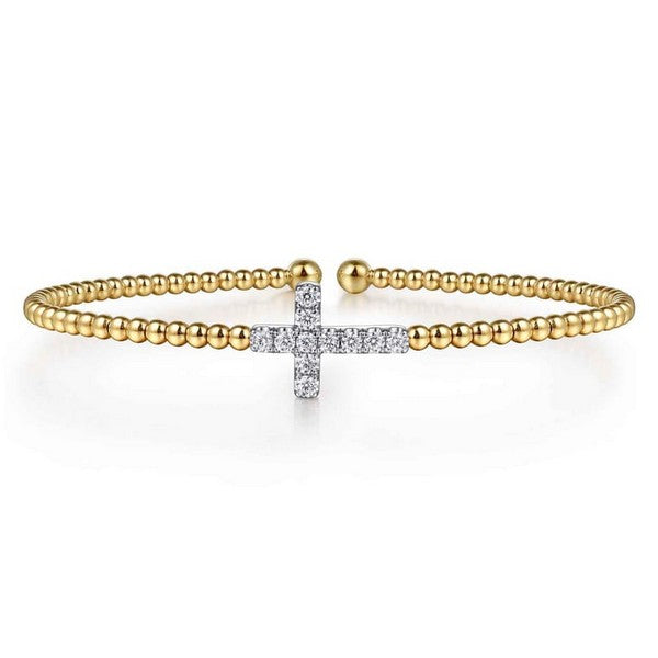 14K White&Yellow Gold Bujukan Split Cuff Bracelet with 0.25ct Diamond Flowers
