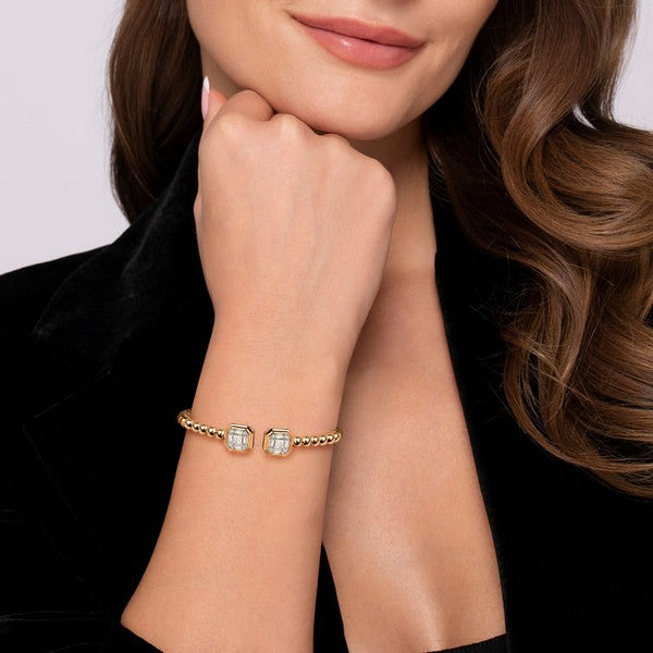 14K Yellow Gold Bujukan Open Cuff Bracelet with 0.35CT Diamond Baguettes