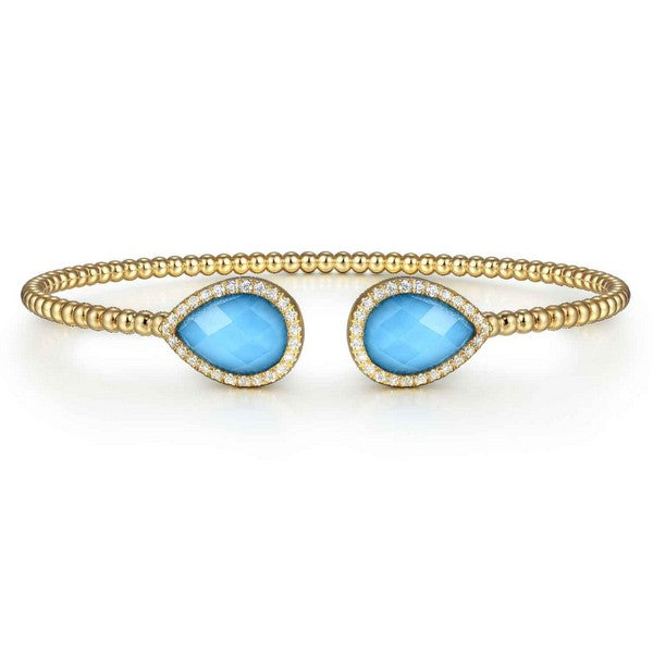 14K Yellow Gold Rock Crystal/Turquoise and Diamond Open Bujukan Bangle