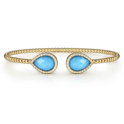 14K Yellow Gold Rock Crystal/Turquoise and Diamond Open Bujukan Bangle