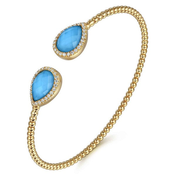 14K Yellow Gold Rock Crystal/Turquoise and Diamond Open Bujukan Bangle