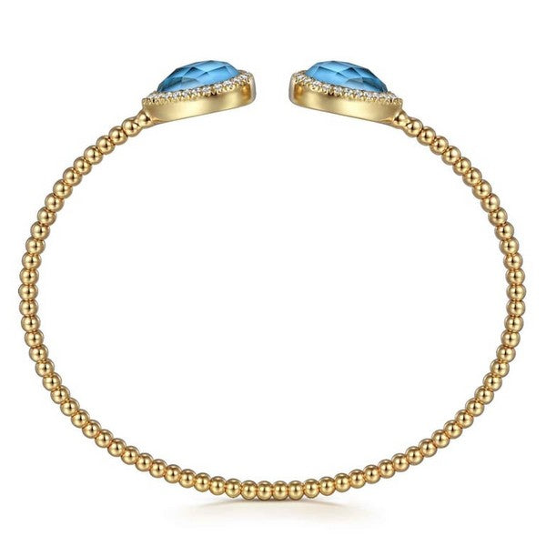 14K Yellow Gold Rock Crystal/Turquoise and Diamond Open Bujukan Bangle