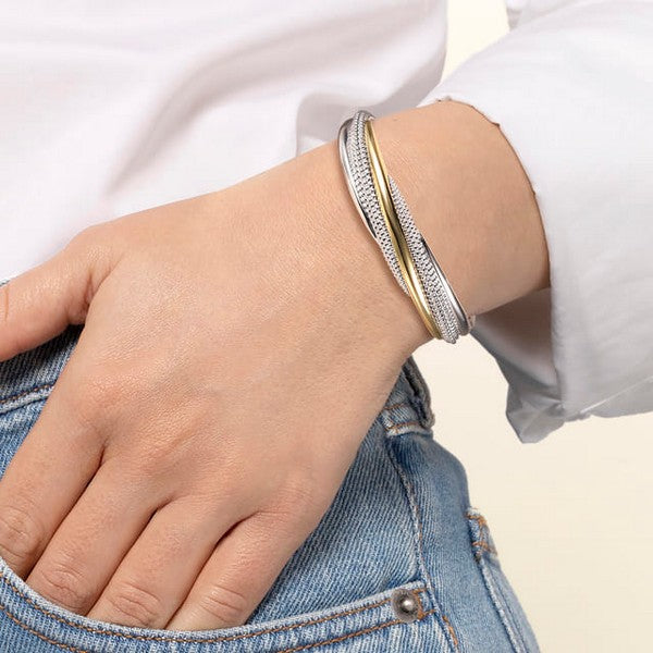 925 Sterling Silver and 14K Yellow Gold Bujukan Multiple Row Bangle Bracelet Serial #S2249060