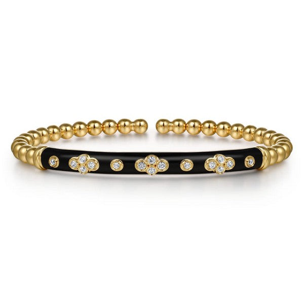 14K Yellow Gold Bujukan Beads and Diamond Split Bangle Bracelet with Black Enamel