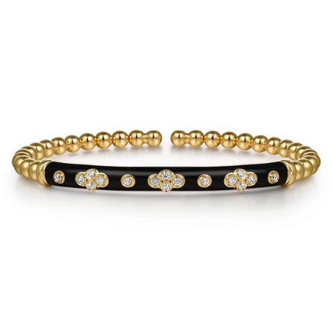 14K Yellow Gold Bujukan Beads and Diamond Split Bangle Bracelet with Black Enamel