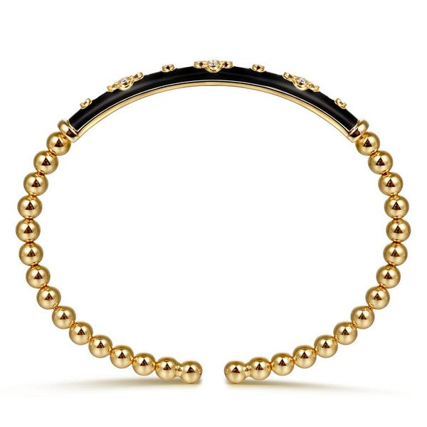 14K Yellow Gold Bujukan Beads and Diamond Split Bangle Bracelet with Black Enamel