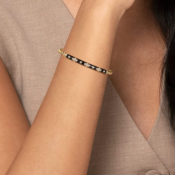 14K Yellow Gold Bujukan Beads and Diamond Split Bangle Bracelet with Black Enamel