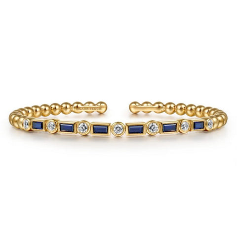 14K Yellow Gold Bujukan Diamond and Rectangle Sapphire Split Bangle Bracelet