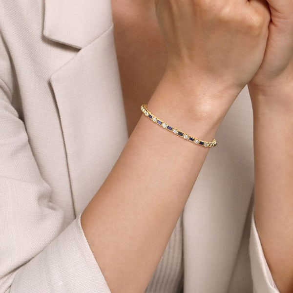 14K Yellow Gold Bujukan Diamond and Rectangle Sapphire Split Bangle Bracelet