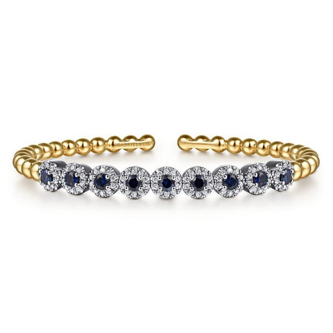 14K White & Yellow Gold Bujukan Diamond and Sapphire Split Bangle Bracelet