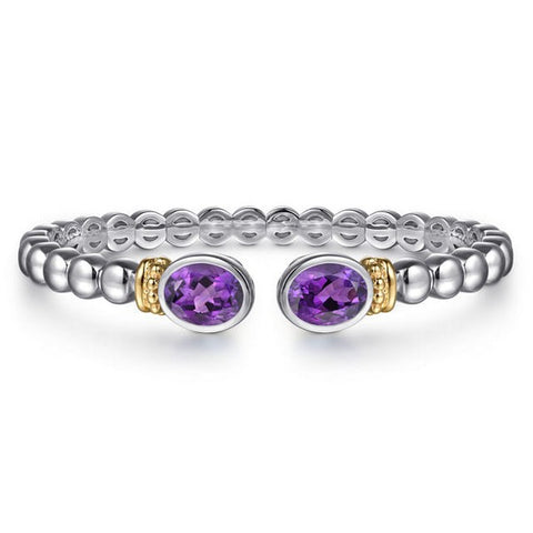 14K Yellow Gold and 925 Sterling Silver Bujukan Amethyst Open Bangle Bracelet