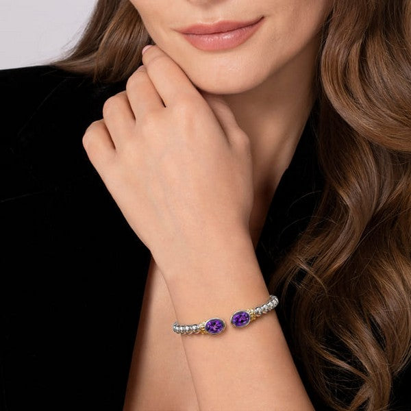 14K Yellow Gold and 925 Sterling Silver Bujukan Amethyst Open Bangle Bracelet