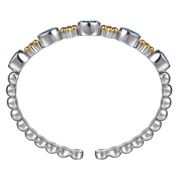 14K Yellow Gold and 925 Sterling Silver Bujukan Blue Topaz Open Bangle Bracelet