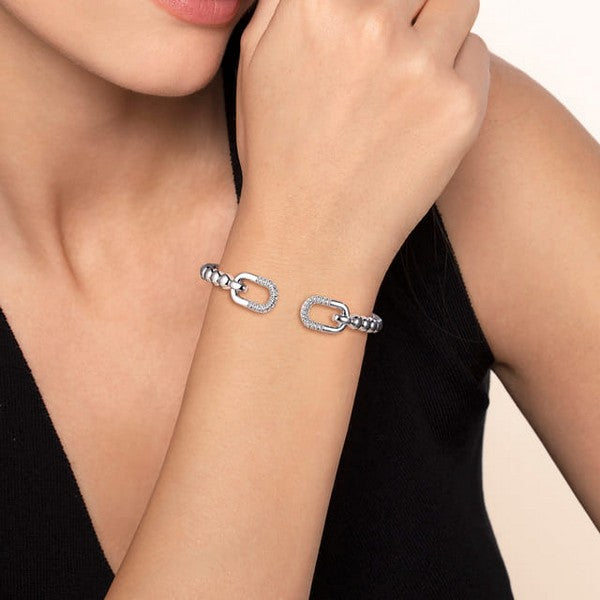 925 Sterling Silver Bujukan and White Sapphire Open Bangle Bracelet