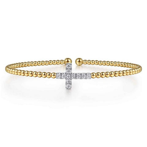 Lady's Two Tone 14 Karat Bujukan & 0.28CT Diamond Cross Split Bangle Bracelet