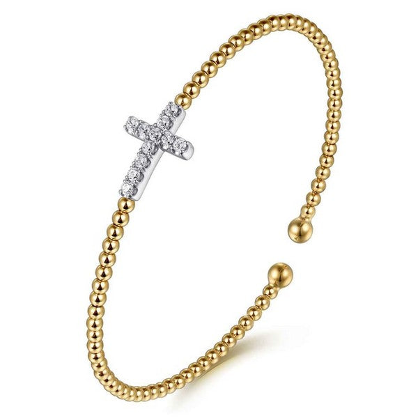Lady's Two Tone 14 Karat Bujukan & 0.28CT Diamond Cross Split Bangle Bracelet