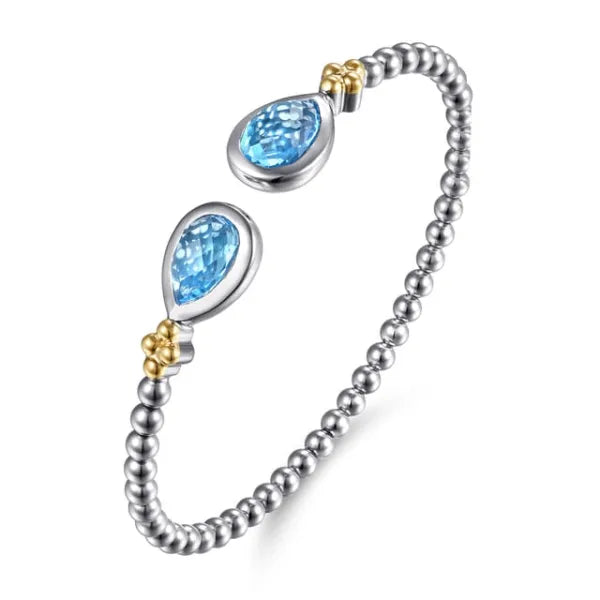 14K Yellow Gold and 925 Sterling Silver Bujukan Pear Blue Topaz Bangle
