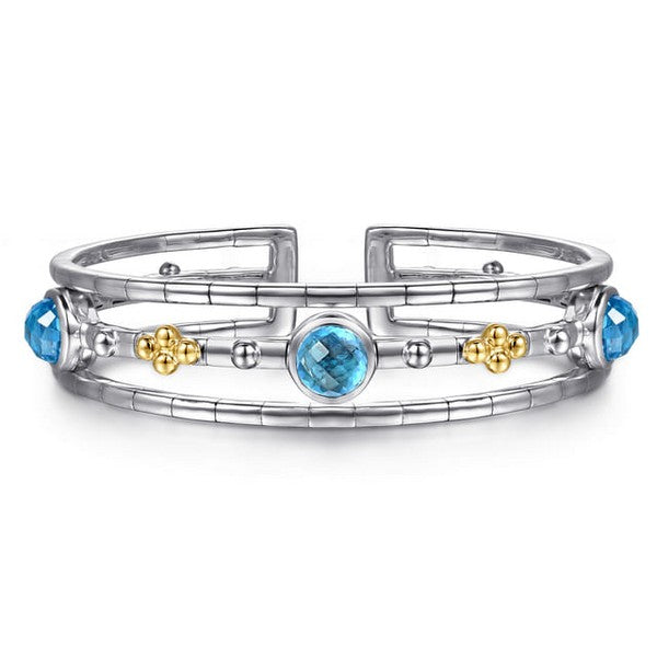 14K Yellow Gold and 925 Sterling Silver Bujukan Round Blue Topaz Cuff Bangle Serial #S2301240