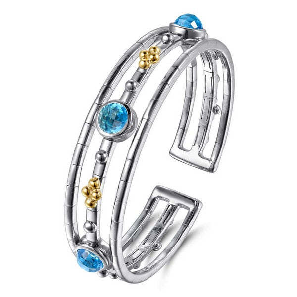 14K Yellow Gold and 925 Sterling Silver Bujukan Round Blue Topaz Cuff Bangle Serial #S2301240