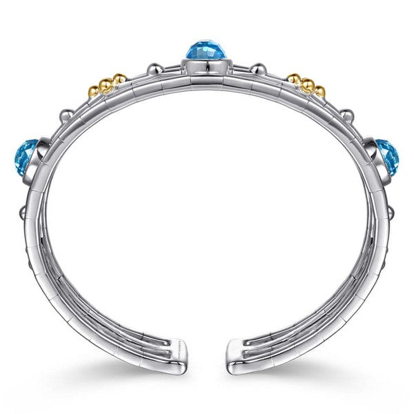 14K Yellow Gold and 925 Sterling Silver Bujukan Round Blue Topaz Cuff Bangle Serial #S2301240