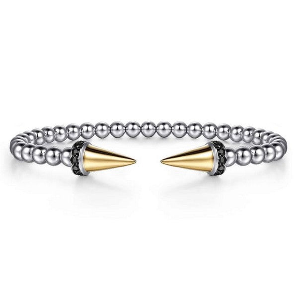 14K Yellow Gold and 925 Sterling Silver Bujukan Black Spinel Punk Bangle Bracelet