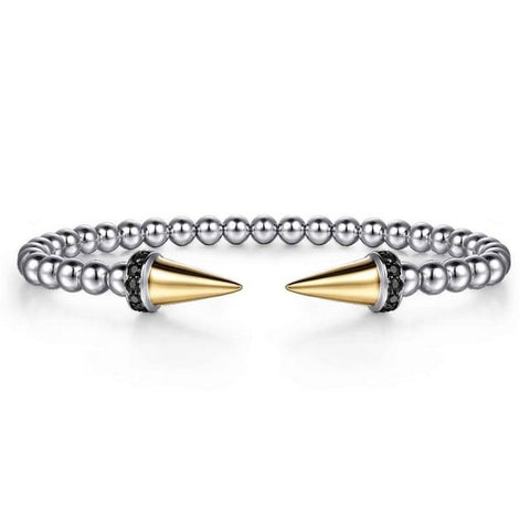14K Yellow Gold and 925 Sterling Silver Bujukan Black Spinel Punk Bangle Bracelet