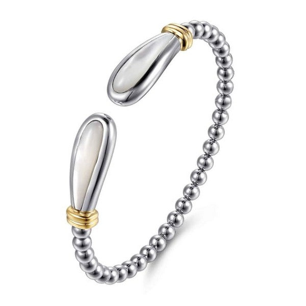 14K Yellow Gold and 925 Sterling Silver Bujukan Bangle with White Mother of Pearl
