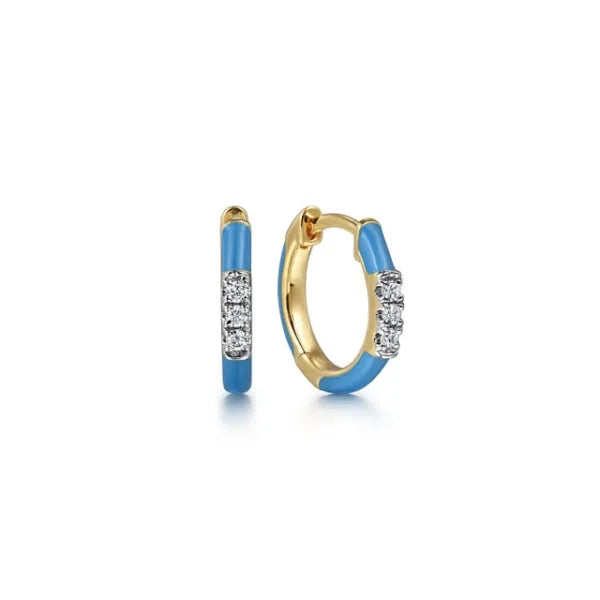 14K Yellow Gold Diamond Huggie With Blue Enamel