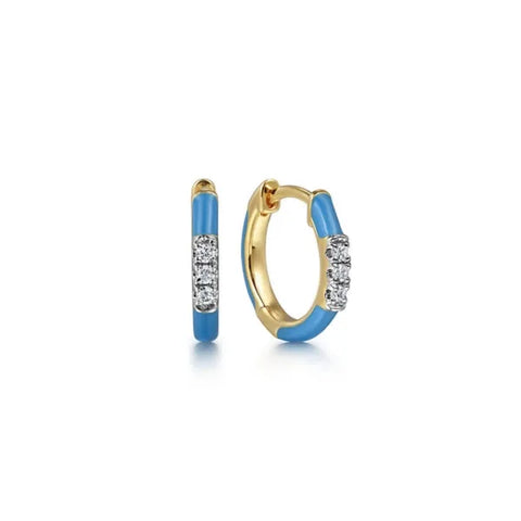 14K Yellow Gold Diamond Huggie With Blue Enamel