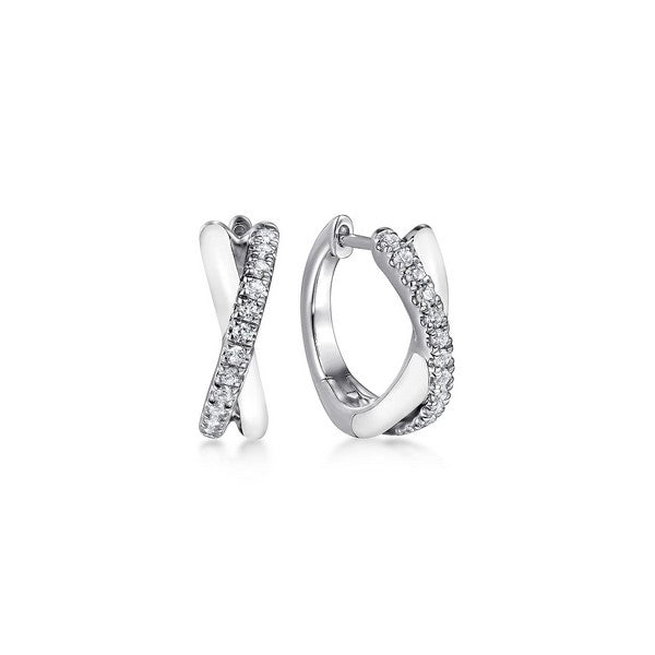 925 Sterling Silver White Sapphire Huggie in size 15mm with White Enamel