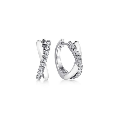 925 Sterling Silver White Sapphire Huggie in size 15mm with White Enamel