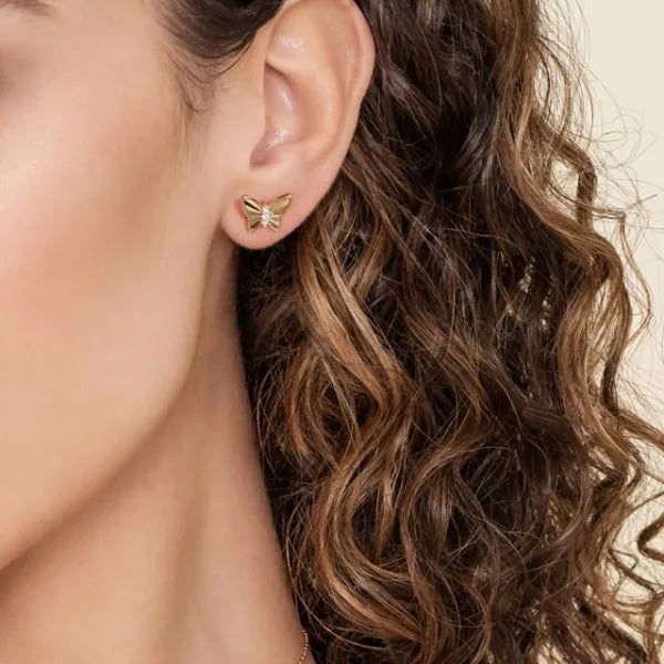 14K Yellow Gold Diamond Butterfly Stud Earrings