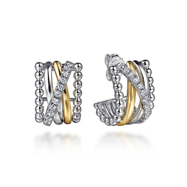 925 Sterling Silver and 14K Yellow Gold Bujukan 0.51CTW White Sapphire Criss Cross J Hoop Earrings