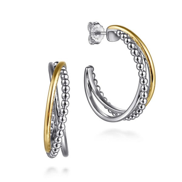 Lady's Two Tone Silver And 14K Gold Bujukan Multiple Row J Hoop Earrings