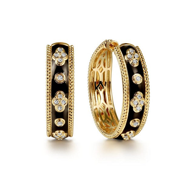 14K Yellow Gold Bujukan 0.34 CTW Diamond Classic Hoop Earrings with Black Enamel