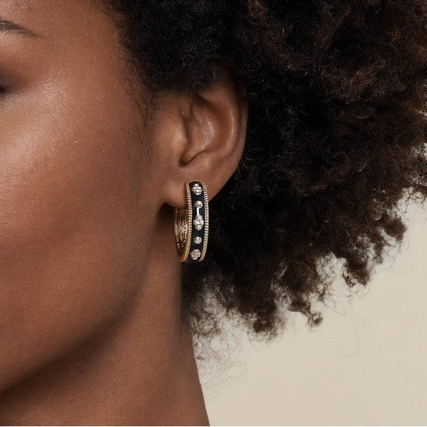 14K Yellow Gold Bujukan 0.34 CTW Diamond Classic Hoop Earrings with Black Enamel