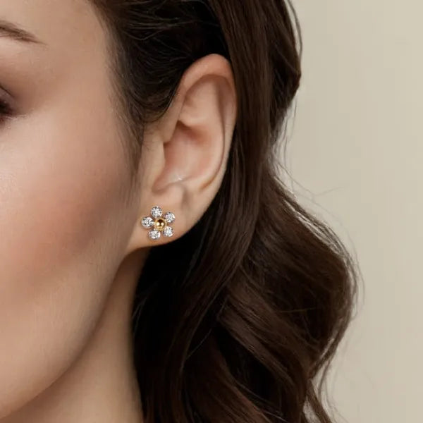 14K Yellow Gold & 925 Sterling Silver Diamond Flower Stud Earrings